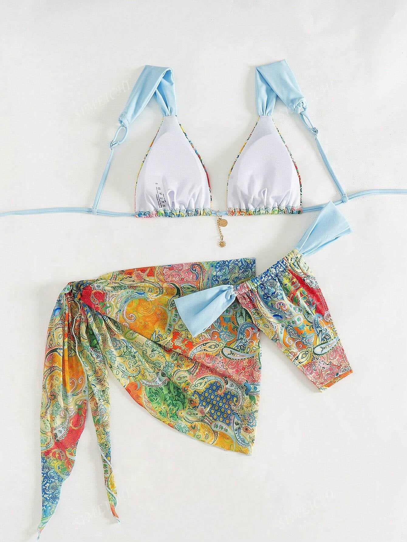 Paisley Print Light Blue Women 3-Piece Swimwear Set - Includes Bikini Top, Swim Brief Bottoms Bikini Set & Skirt, for Summer Beach Vacation
