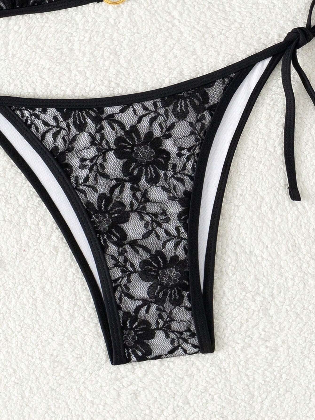 Swim Women'S Summer Beach Floral Lace Halter Neck Tie Sexy Bikini Set