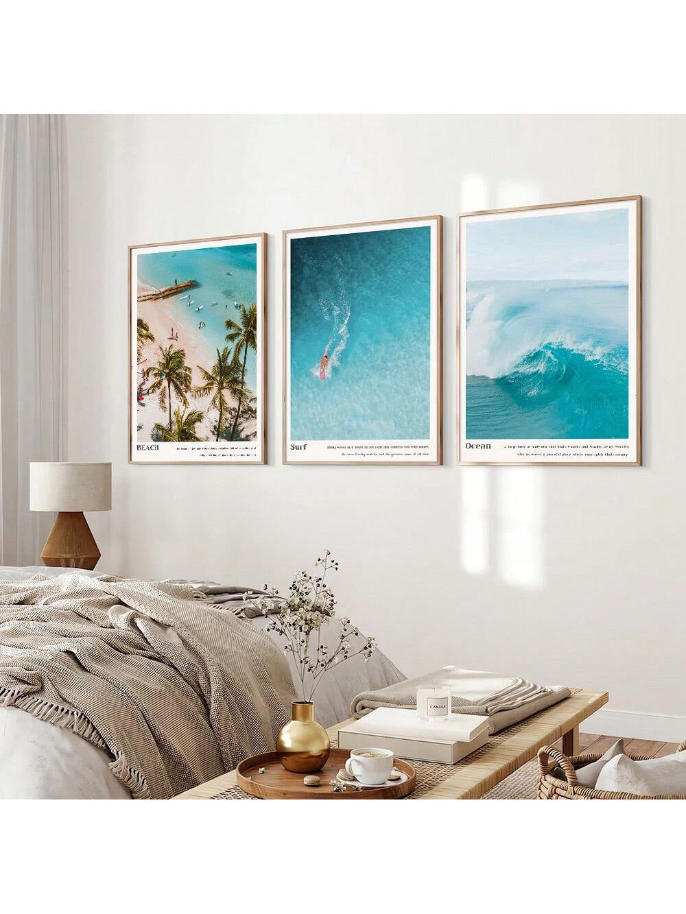 Set of 3 Unframed Tropical Summer Coastal Beach Landscape Canvas Poster Print Ocean Waves Surfing Wall Art Painting Beachy Seascape Picture for College Room,Apartment,Bedroom,Living Room,Minimalist Modern Home Decoration