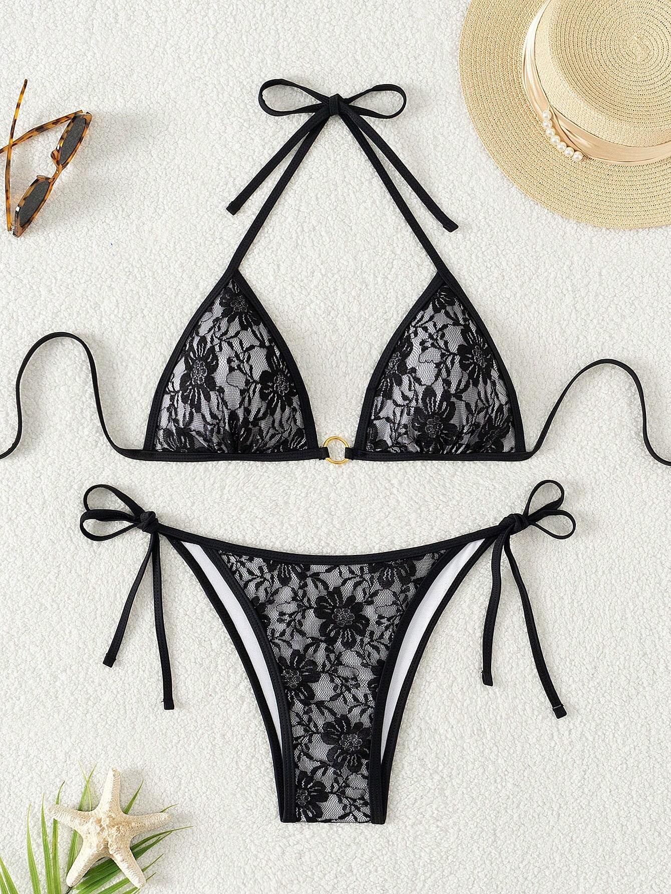 Swim Women'S Summer Beach Floral Lace Halter Neck Tie Sexy Bikini Set