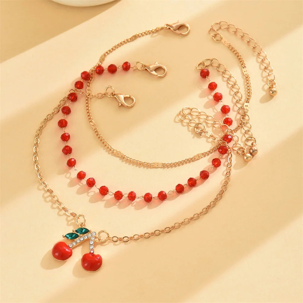Cute Cherry Pendant Red Rice Beads Anklets for Women Charm Gold Color Foot Chain Ankle Bracelet Beach Jewelry Summer Accessories