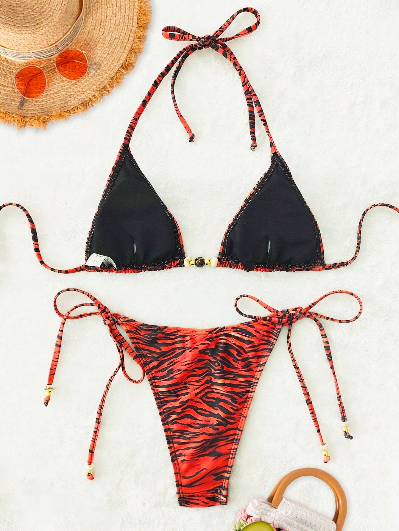 New Soft Padded Halter Backless Sexy Bikini, Beach Fashionable Beads Decorated Ladies Swimwear Set, Summer