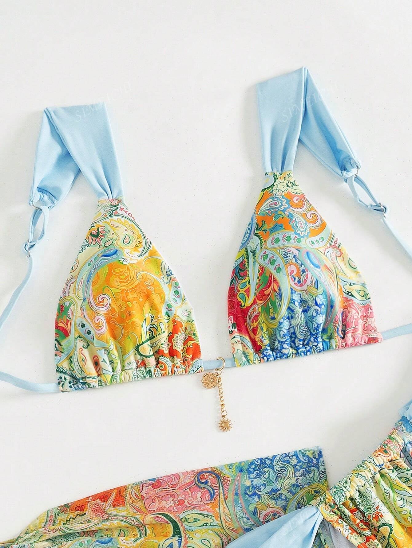 Paisley Print Light Blue Women 3-Piece Swimwear Set - Includes Bikini Top, Swim Brief Bottoms Bikini Set & Skirt, for Summer Beach Vacation