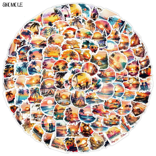 10/30/50/100PCS Sunset Beach Graffiti Stickers Cartoon Setting Sun Travel DIY Toy Kid Guitar Luggage Suitcase Decal Sticker Pack