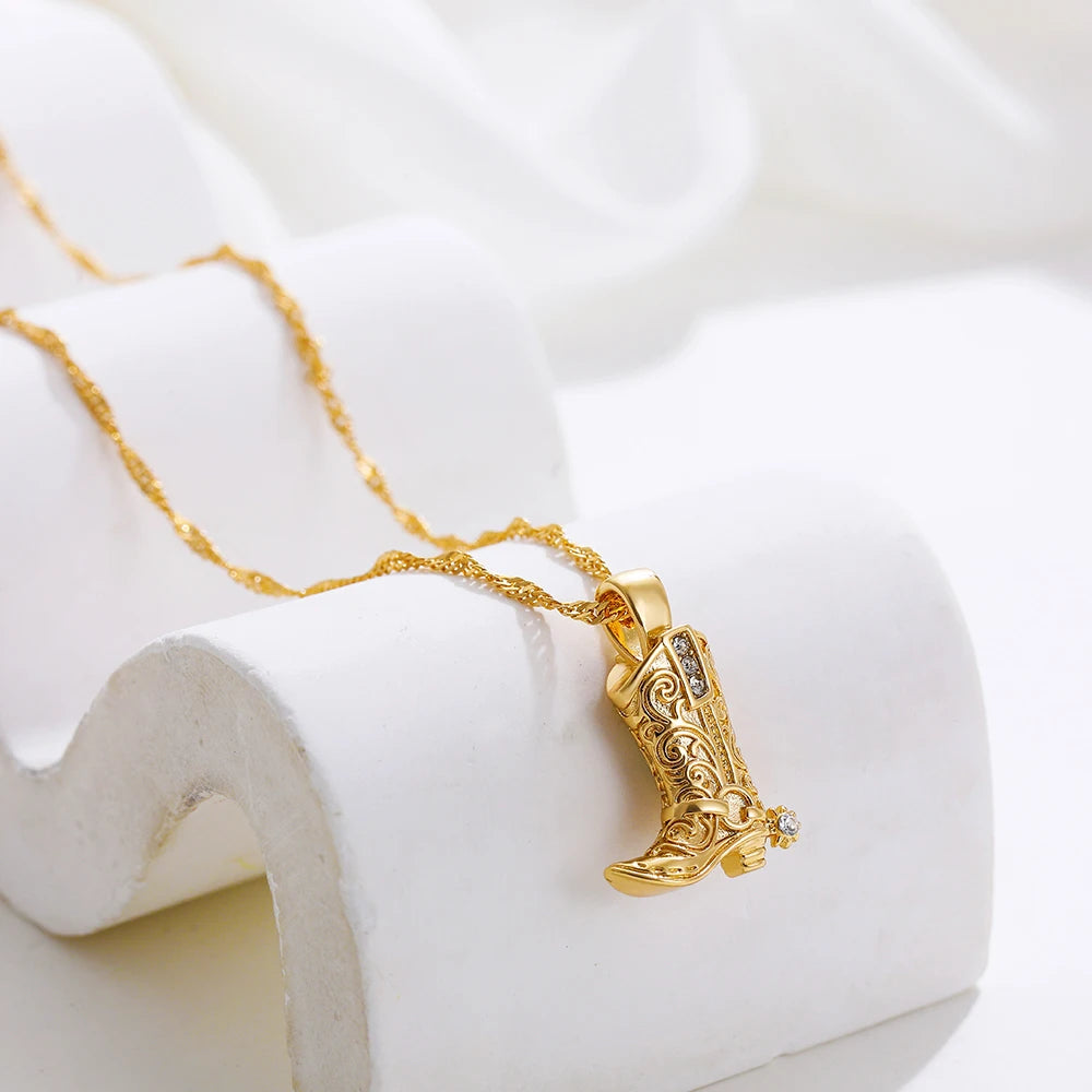 Punk Hiphop Western Cowboy Boots Necklace for Women Vintage Gold Plated CZ Link Chains Collar Necklaces Girls Gifts
