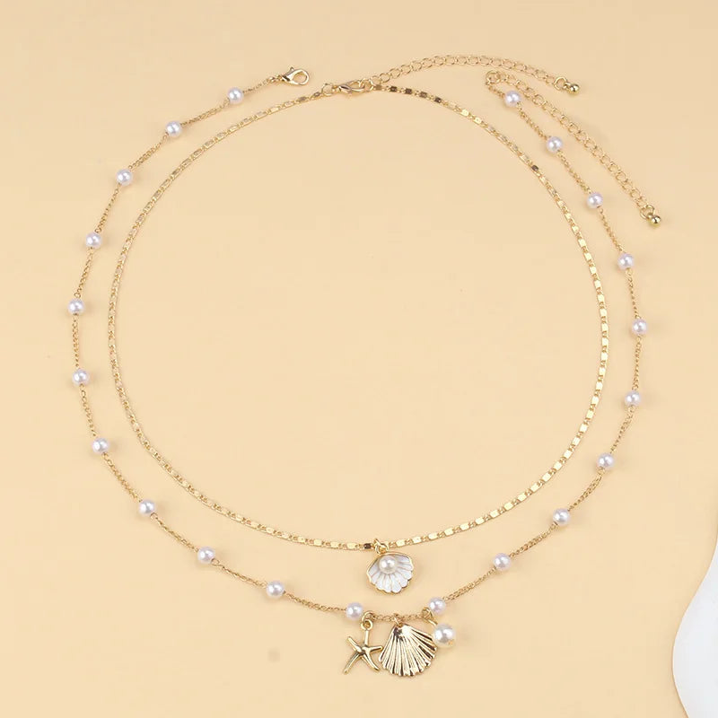 2 Pcs Gold Plated Starfish Shell Pendant Necklace Summer Imitation Pearl Necklaces for Women Girls Ocean Beach Jewelry