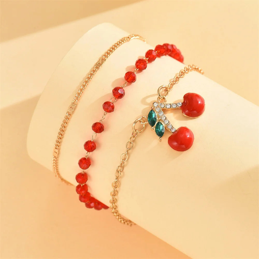 Cute Cherry Pendant Red Rice Beads Anklets for Women Charm Gold Color Foot Chain Ankle Bracelet Beach Jewelry Summer Accessories