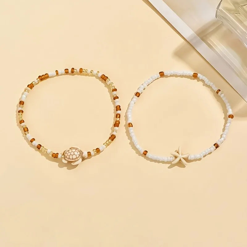 2Pcs Brown Starfish and Turtle Designs Pendant Anklet for Women Summer Ocean Theme Foot Jewelry Ideal for Beach Vacations