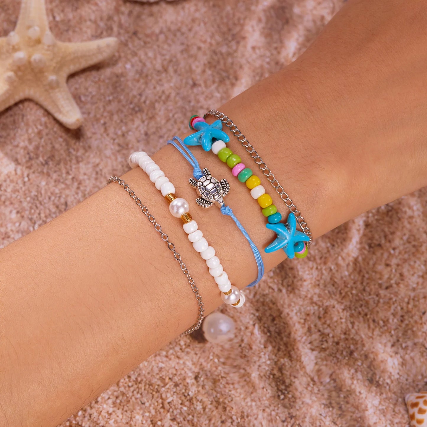 Bohemian Rice Beads Starfish Conch Pendant Anklet Set for Women Multi Layer Sea Turtle Ankle Bracelet on Foot Girl Charm Jewelry