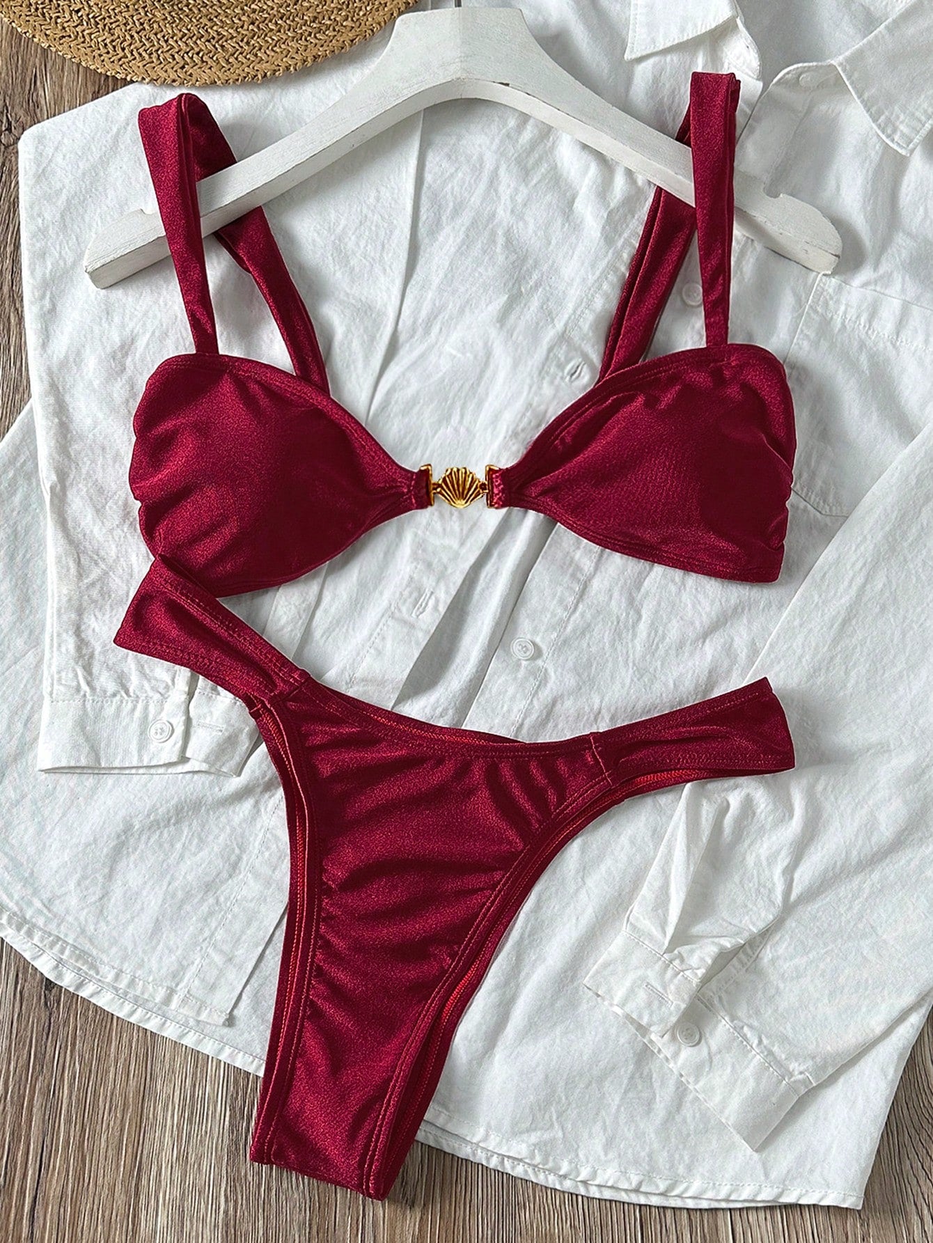 Swim SXY 2Pcs Women Summer Sexy Beach Wear Solid Shell Metal Elegant Vacation Burgundy Bikini Set