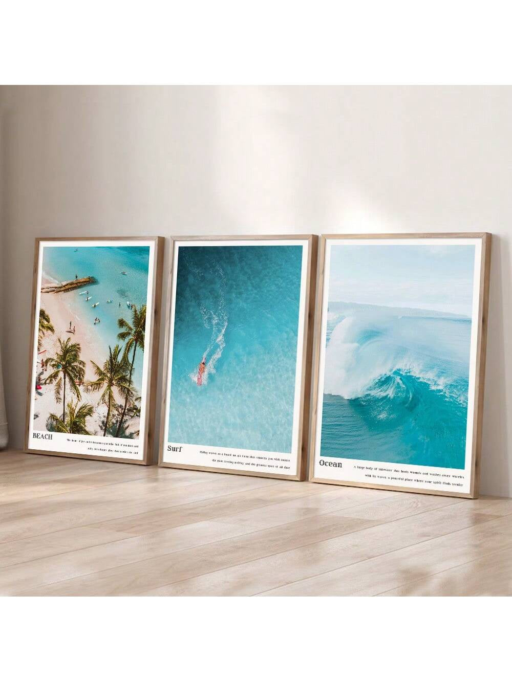 Set of 3 Unframed Tropical Summer Coastal Beach Landscape Canvas Poster Print Ocean Waves Surfing Wall Art Painting Beachy Seascape Picture for College Room,Apartment,Bedroom,Living Room,Minimalist Modern Home Decoration