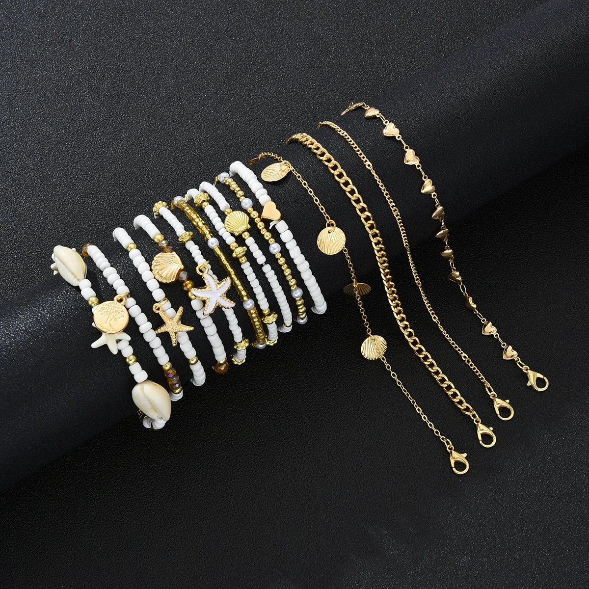 14Pcs/Set Bohemian Rice Beads Starfish Shell Anklet Sets for Women Retro Gold Color Multiler Foot Chain Vacation Jewelry Gifts
