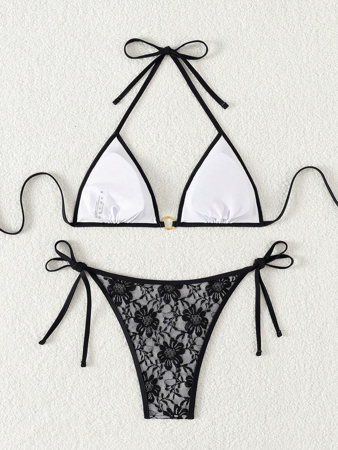 Swim Women'S Summer Beach Floral Lace Halter Neck Tie Sexy Bikini Set