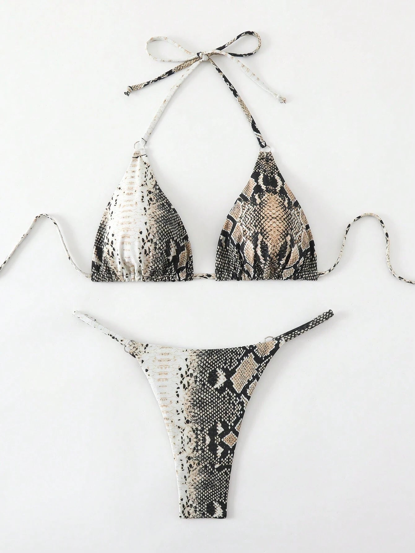 Swim Vcay 2Pcs Women Snakeskin Print Halter Tie Sexy Bikini Set, Beach Vacation 2025 Summer