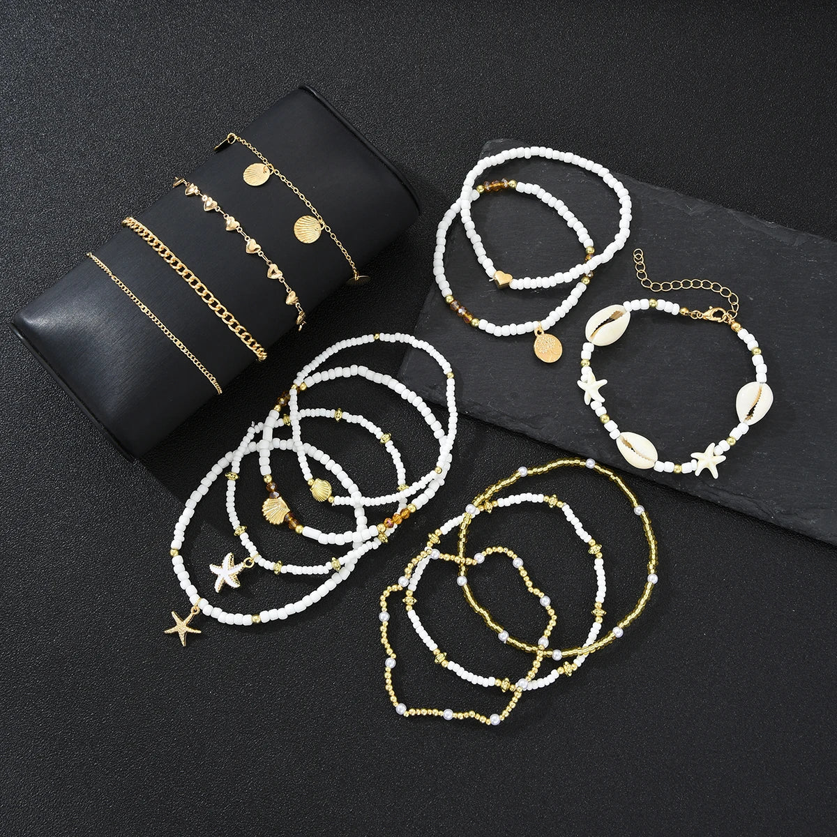 14Pcs/Set Bohemian Rice Beads Starfish Shell Anklet Sets for Women Retro Gold Color Multiler Foot Chain Vacation Jewelry Gifts