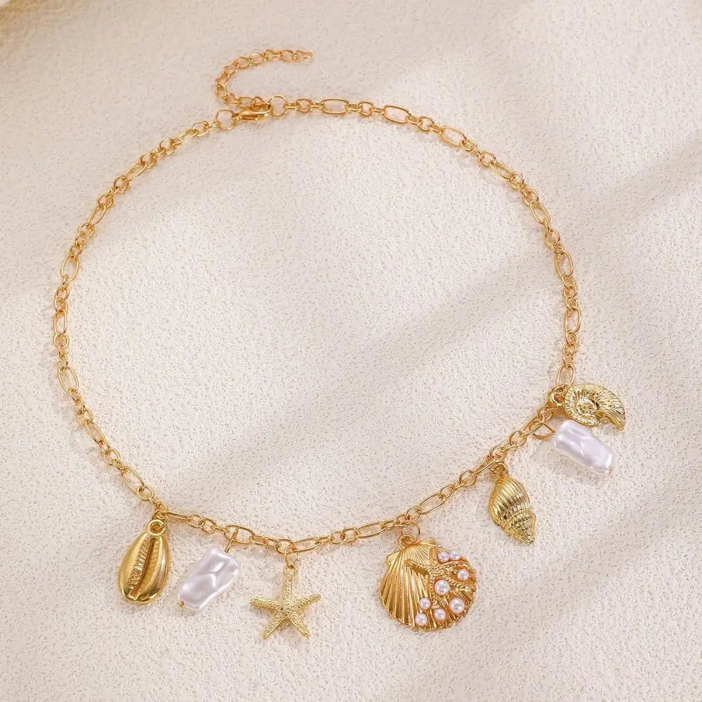 Vintage Imitation Pearl Starfish Conch Pendant Necklace for Women Fashion Handmade Metal Ocean Style Neck Chain Jewelry Gifts