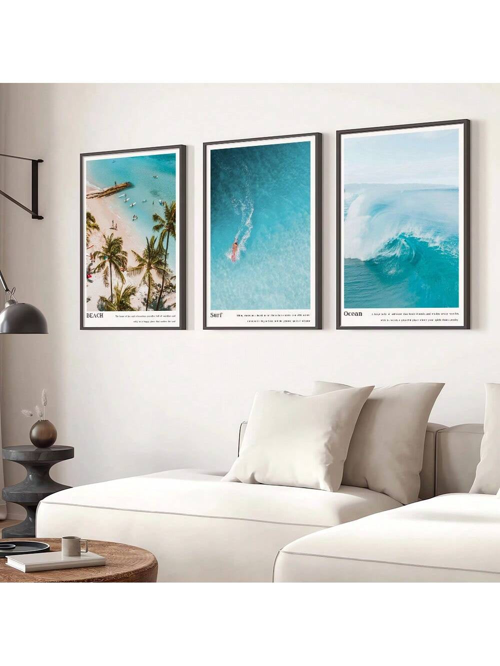 Set of 3 Unframed Tropical Summer Coastal Beach Landscape Canvas Poster Print Ocean Waves Surfing Wall Art Painting Beachy Seascape Picture for College Room,Apartment,Bedroom,Living Room,Minimalist Modern Home Decoration