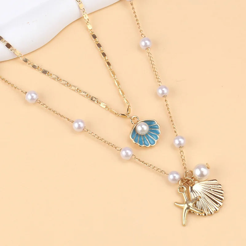 2 Pcs Gold Plated Starfish Shell Pendant Necklace Summer Imitation Pearl Necklaces for Women Girls Ocean Beach Jewelry
