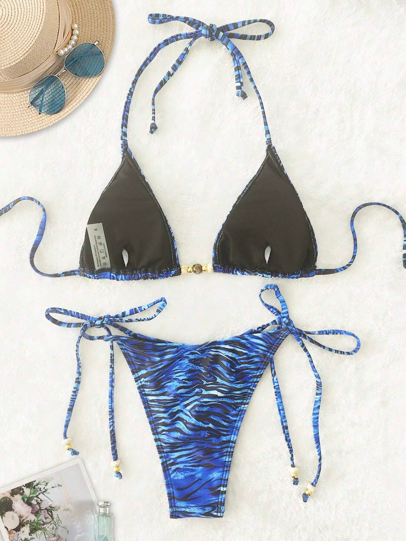 New Soft Padded Halter Backless Sexy Bikini, Beach Fashionable Beads Decorated Ladies Swimwear Set, Summer