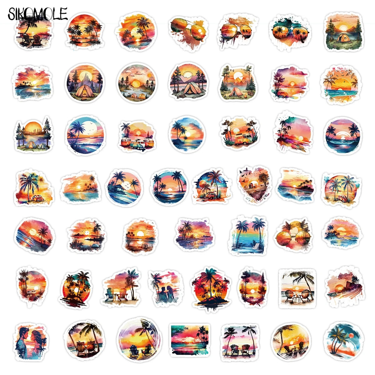 10/30/50/100PCS Sunset Beach Graffiti Stickers Cartoon Setting Sun Travel DIY Toy Kid Guitar Luggage Suitcase Decal Sticker Pack