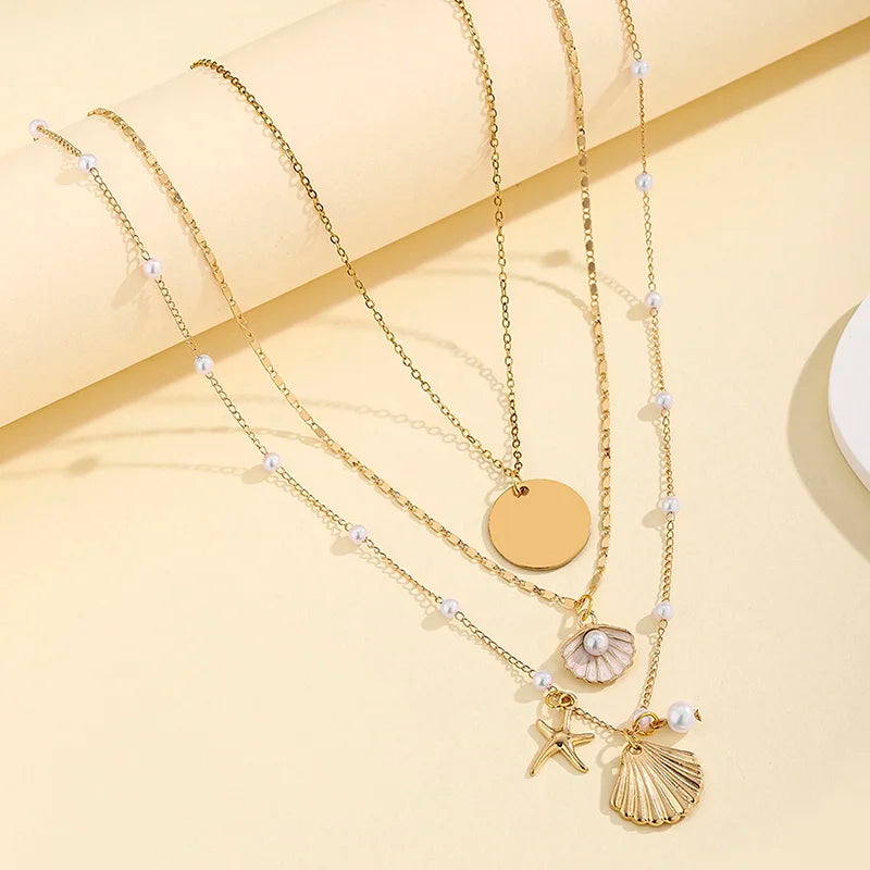2 Pcs Gold Plated Starfish Shell Pendant Necklace Summer Imitation Pearl Necklaces for Women Girls Ocean Beach Jewelry