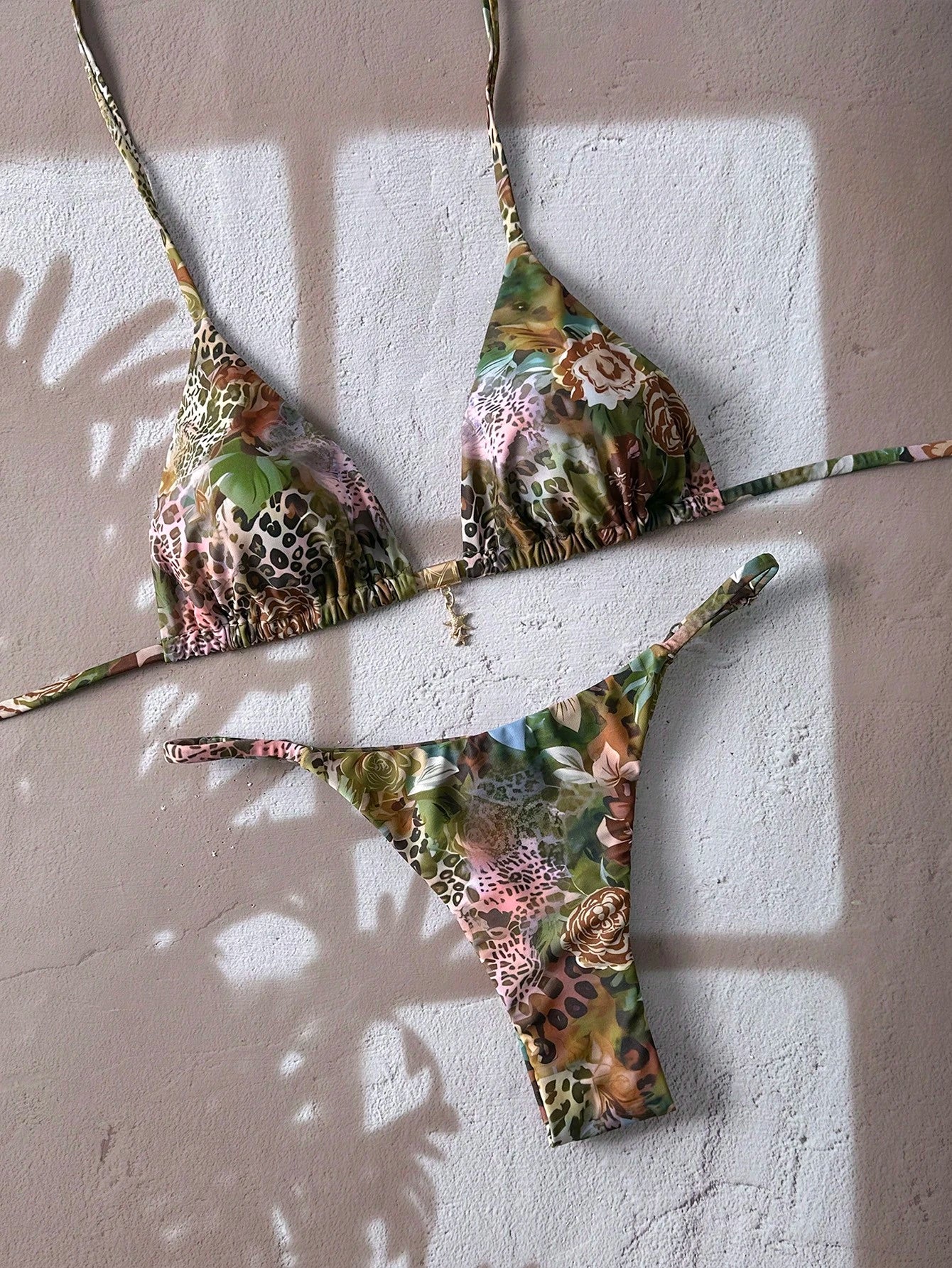 Swim Vcay Women Animal Print Splice Random Starfish Metal Pendant Spaghetti Strap Sexy Bikini Swimwear Set, Summer Beachwear