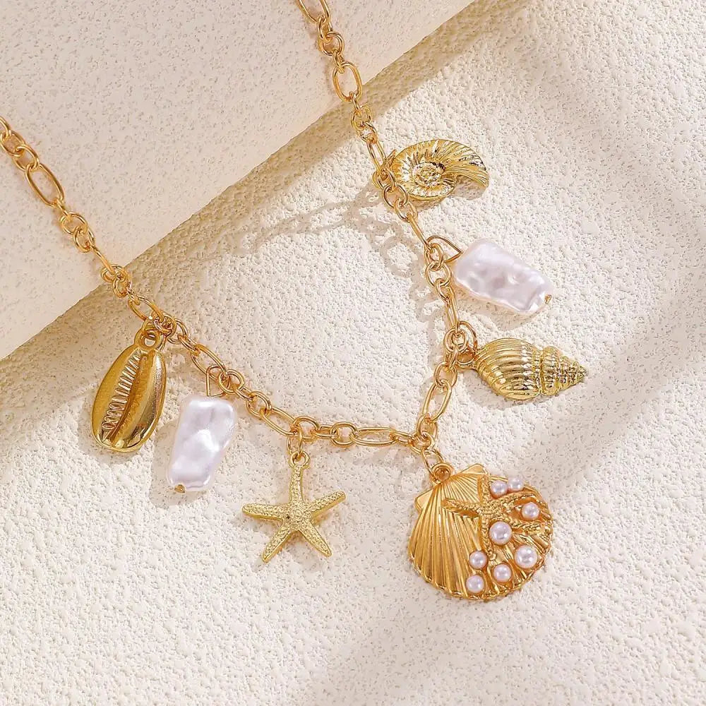 Vintage Imitation Pearl Starfish Conch Pendant Necklace for Women Fashion Handmade Metal Ocean Style Neck Chain Jewelry Gifts