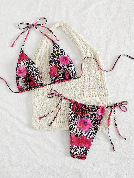 2Pcs Leopard Floral Print Sexy Open Back Tie up Bikini Swimsuit, Bohemian Style, Vacation Beach Wear, Summer