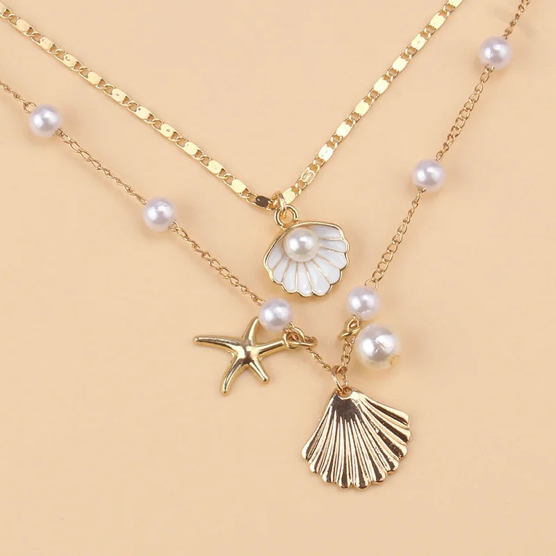 2 Pcs Gold Plated Starfish Shell Pendant Necklace Summer Imitation Pearl Necklaces for Women Girls Ocean Beach Jewelry