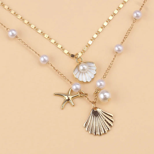2 Pcs Gold Plated Starfish Shell Pendant Necklace Summer Imitation Pearl Necklaces for Women Girls Ocean Beach Jewelry