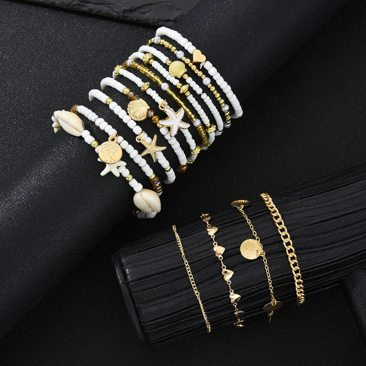14Pcs/Set Bohemian Rice Beads Starfish Shell Anklet Sets for Women Retro Gold Color Multiler Foot Chain Vacation Jewelry Gifts