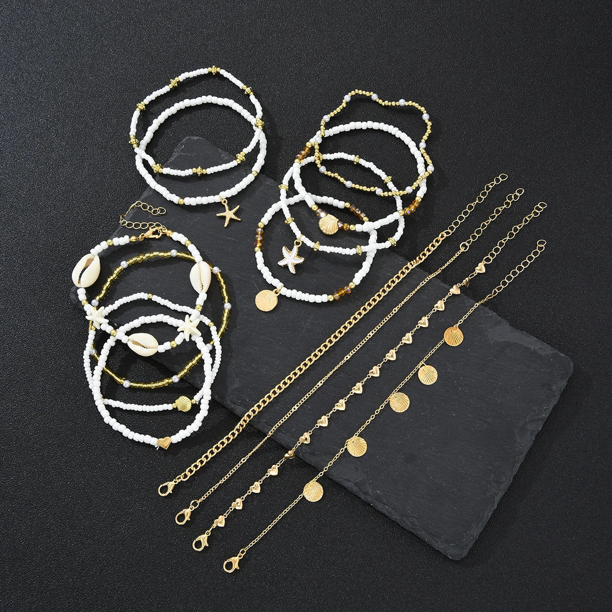 14Pcs/Set Bohemian Rice Beads Starfish Shell Anklet Sets for Women Retro Gold Color Multiler Foot Chain Vacation Jewelry Gifts