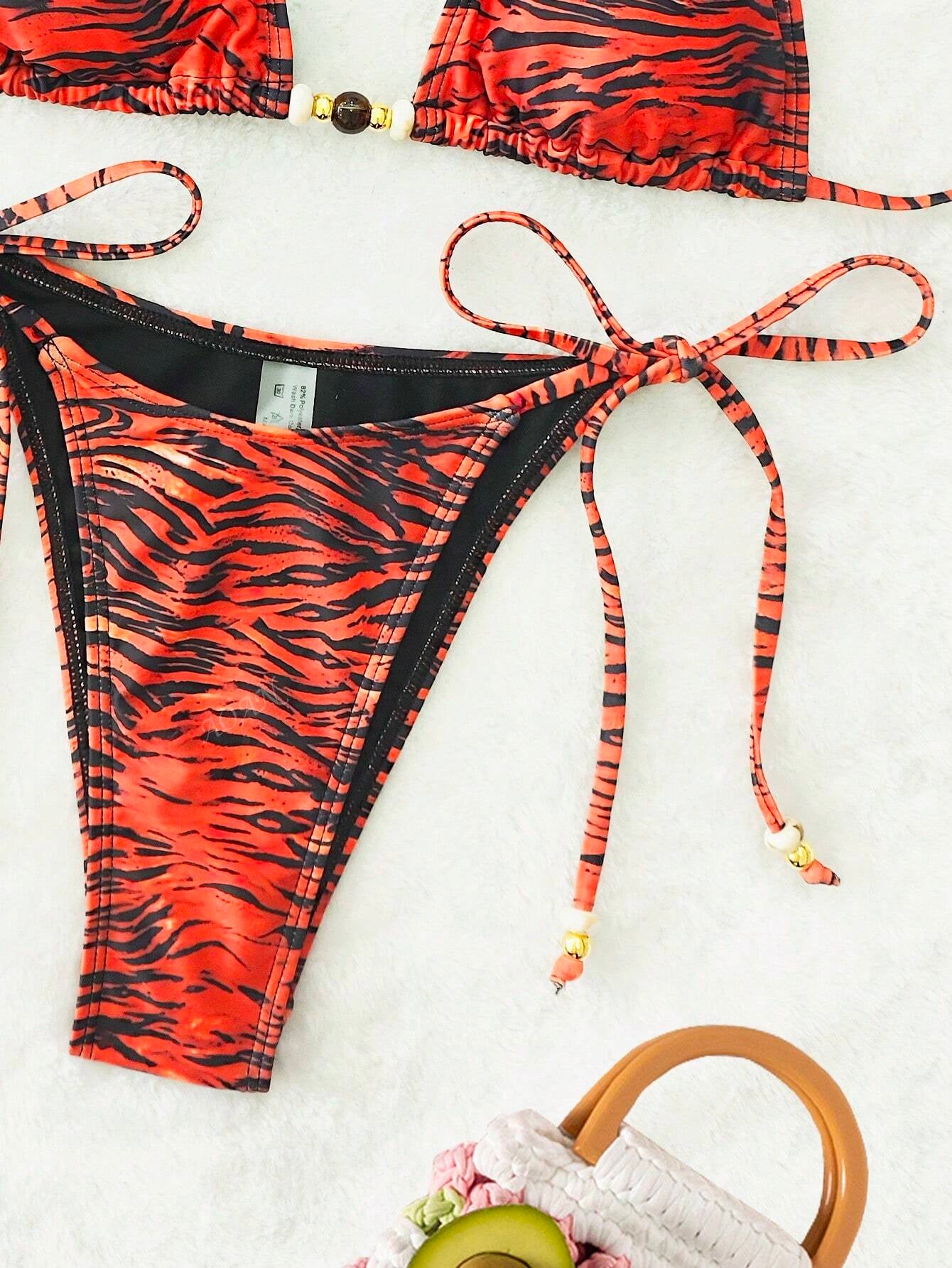 New Soft Padded Halter Backless Sexy Bikini, Beach Fashionable Beads Decorated Ladies Swimwear Set, Summer