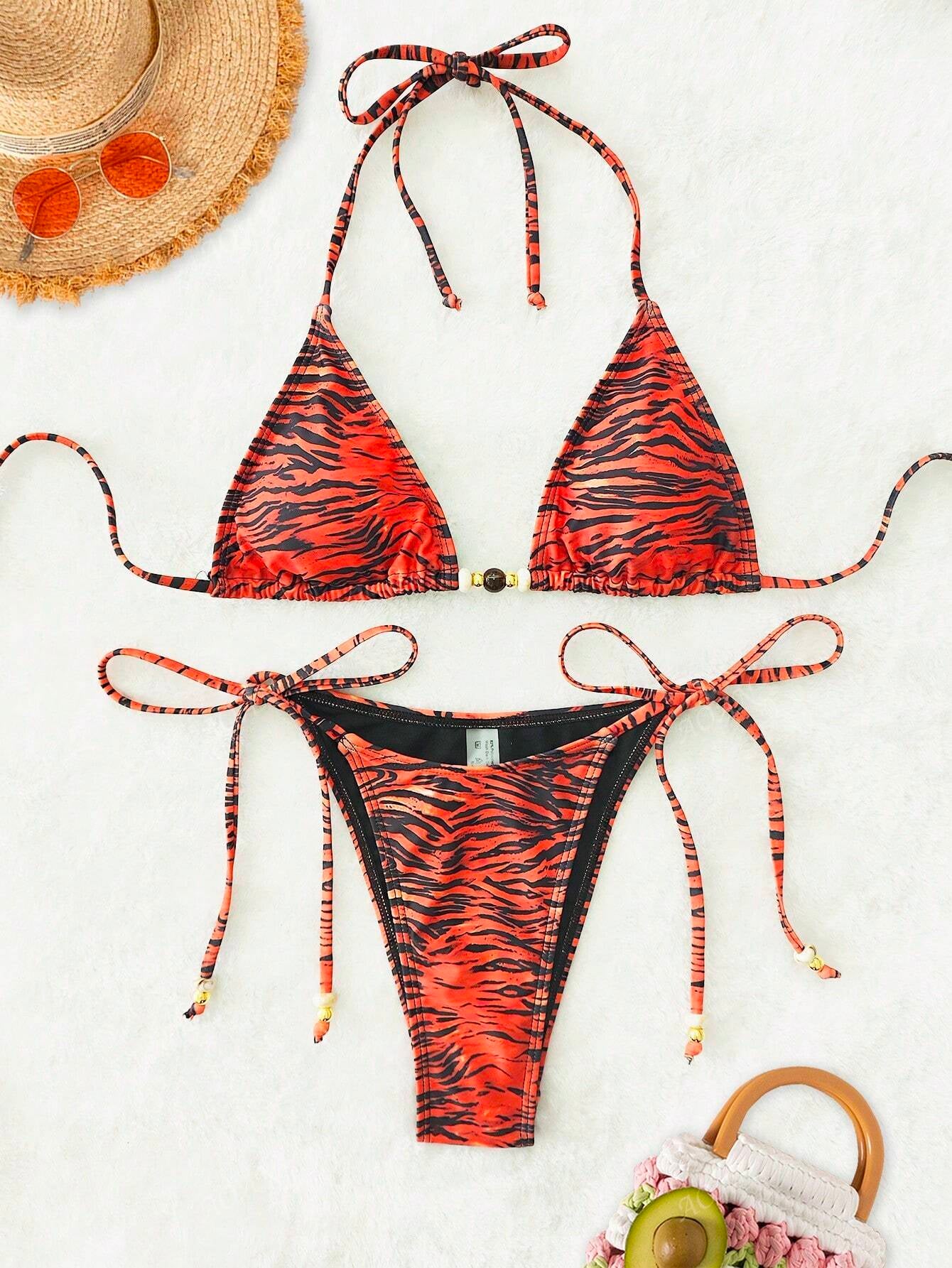 New Soft Padded Halter Backless Sexy Bikini, Beach Fashionable Beads Decorated Ladies Swimwear Set, Summer