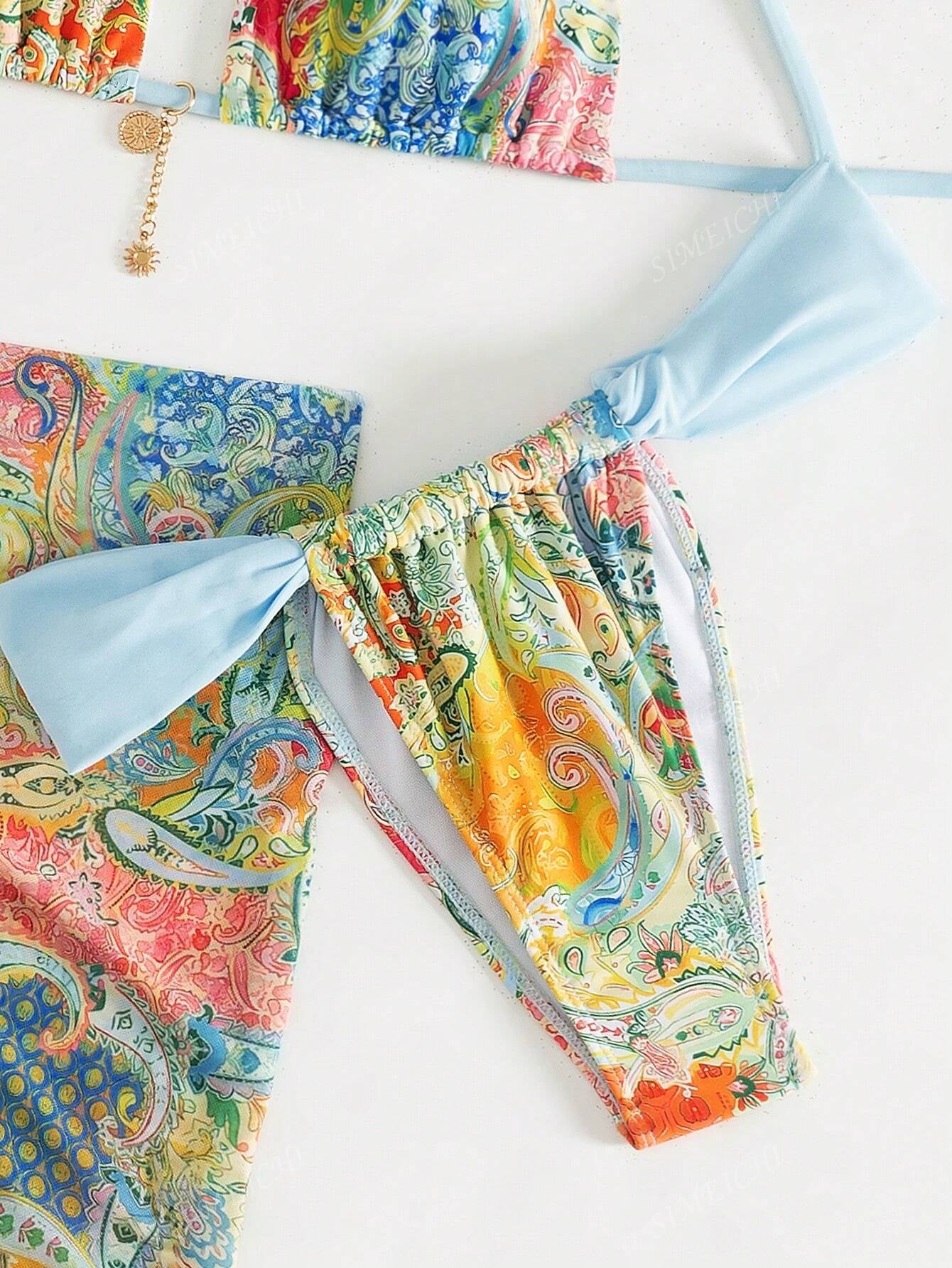 Paisley Print Light Blue Women 3-Piece Swimwear Set - Includes Bikini Top, Swim Brief Bottoms Bikini Set & Skirt, for Summer Beach Vacation