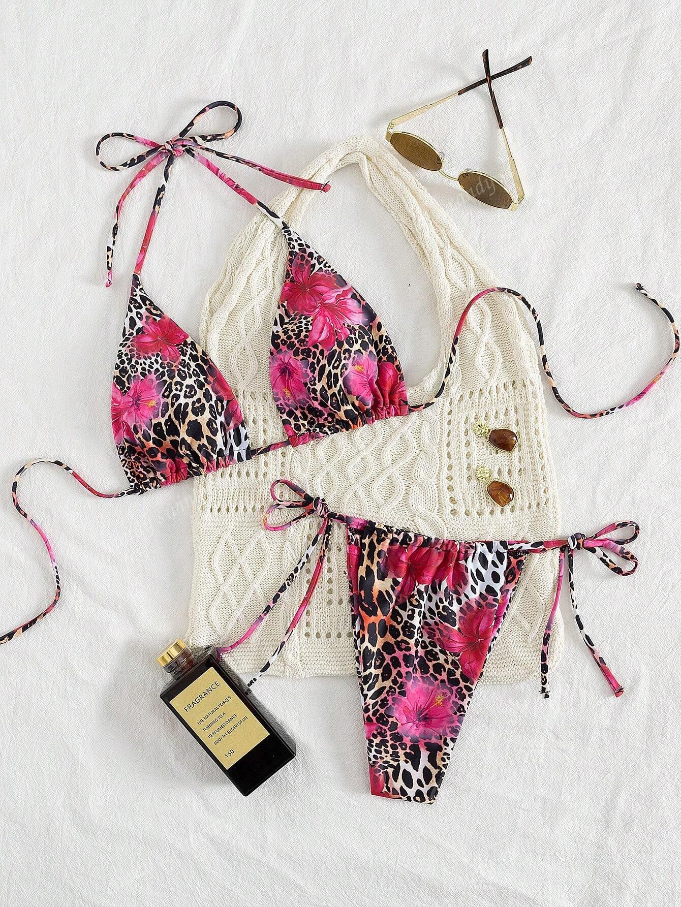 2Pcs Leopard Floral Print Sexy Open Back Tie up Bikini Swimsuit