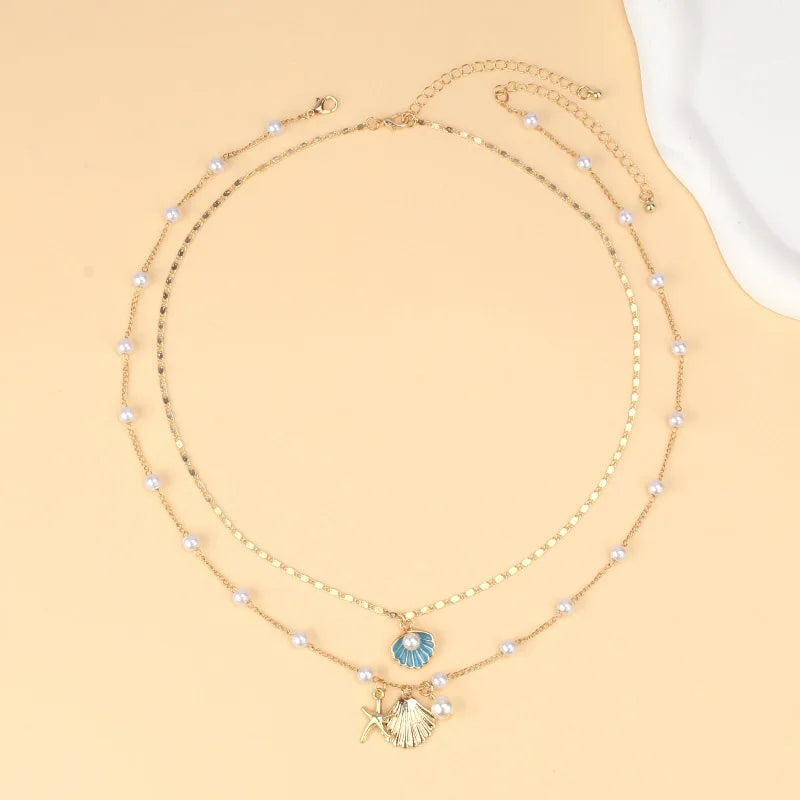 2 Pcs Gold Plated Starfish Shell Pendant Necklace Summer Imitation Pearl Necklaces for Women Girls Ocean Beach Jewelry