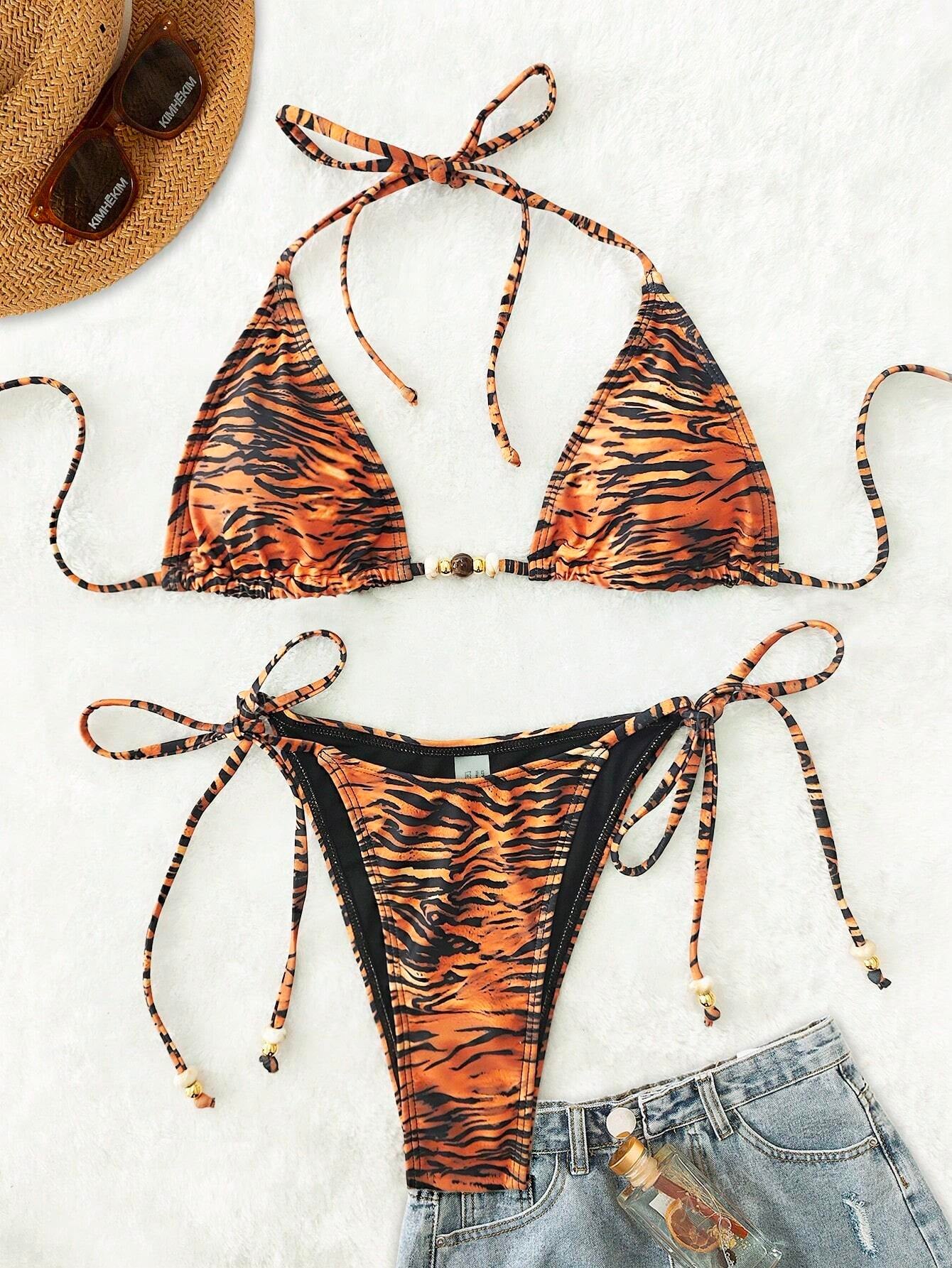 New Soft Padded Halter Backless Sexy Bikini, Beach Fashionable Beads Decorated Ladies Swimwear Set, Summer