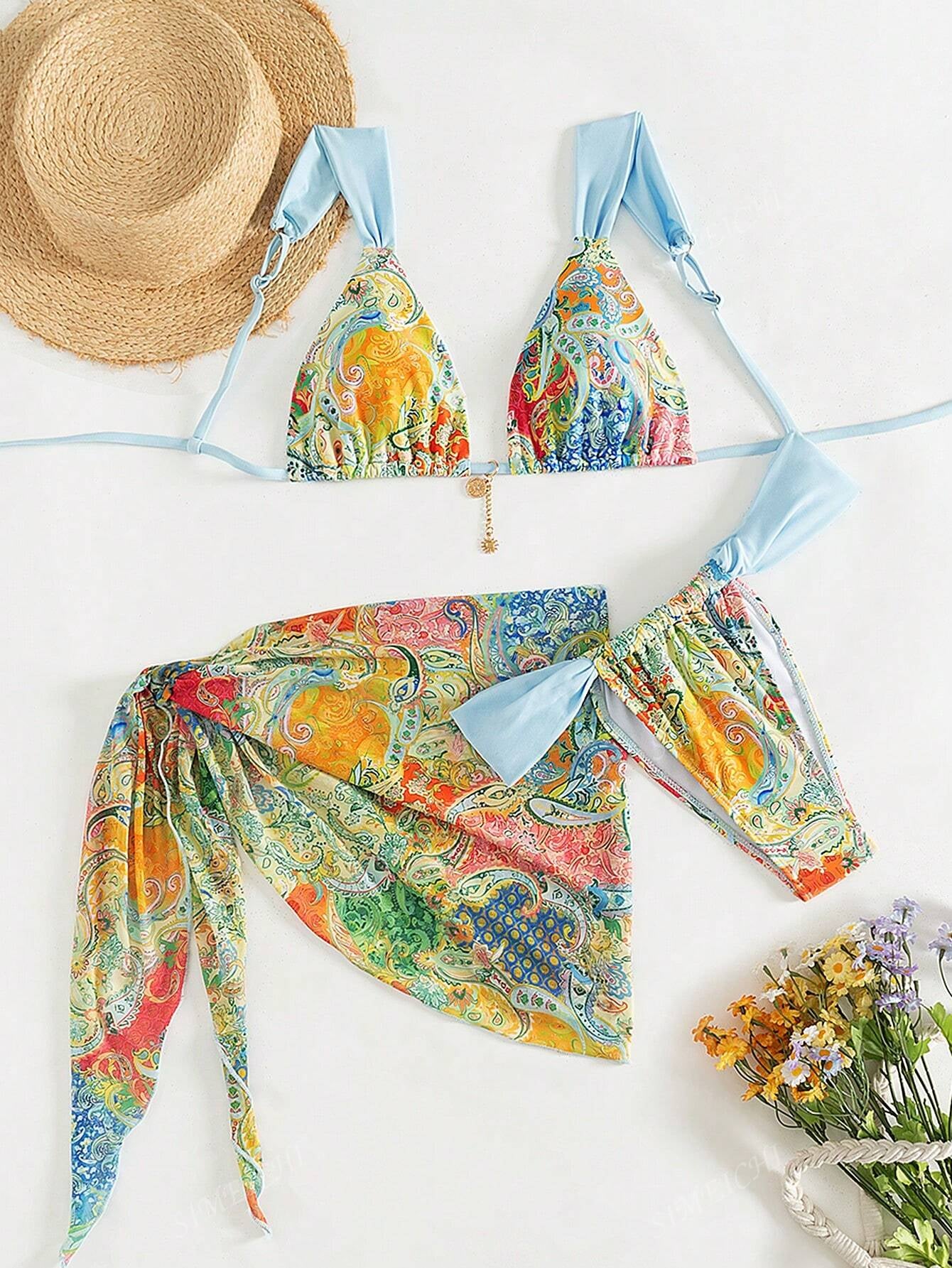 Paisley Print Light Blue Women 3-Piece Swimwear Set - Includes Bikini Top, Swim Brief Bottoms Bikini Set & Skirt, for Summer Beach Vacation