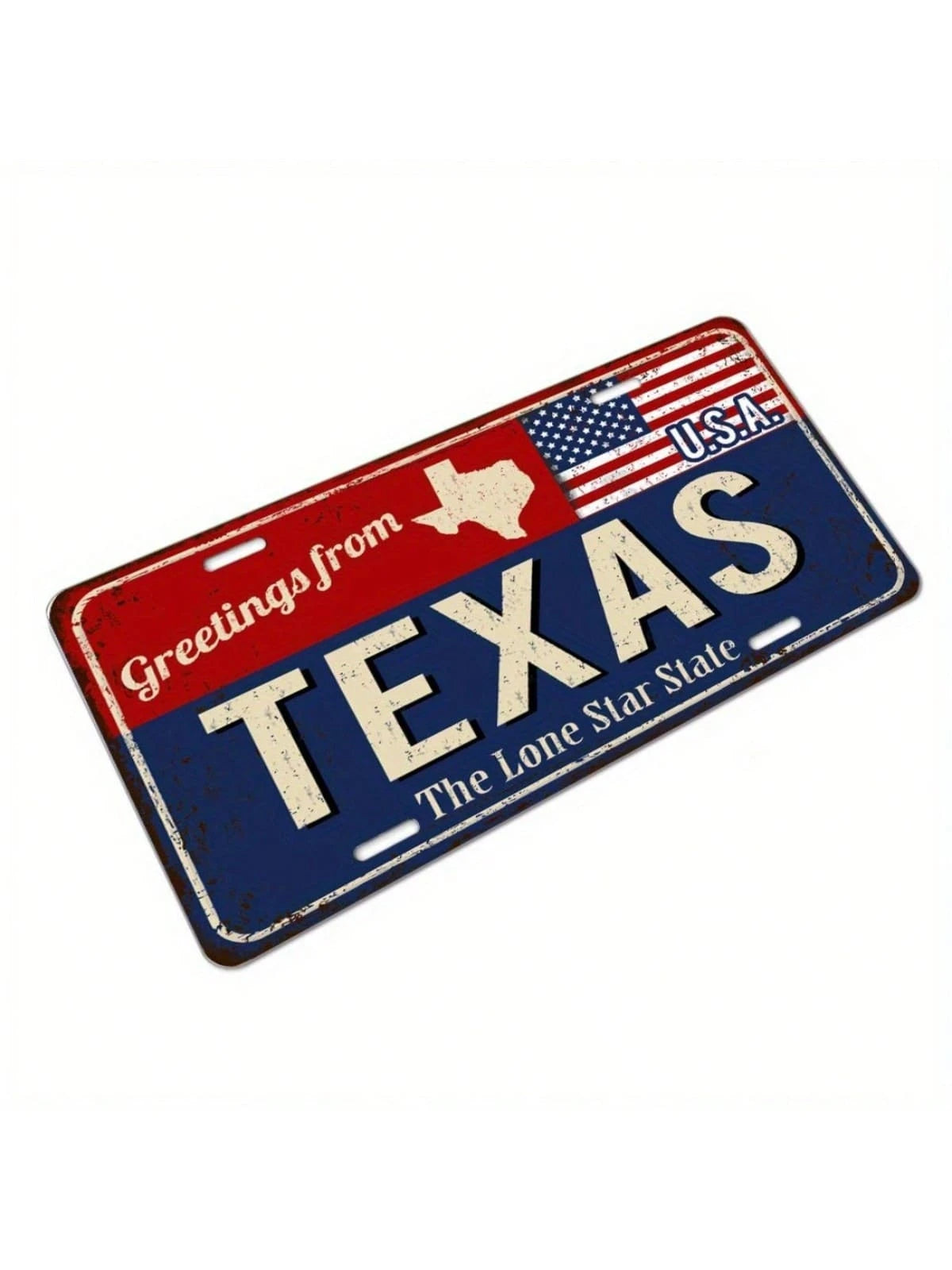 Vintage Texas Greeting Metal License Plate, Matte Finish, American Flag and Lone Star State Design, Novelty Front License Plate 6X12 Inch, Random Edge Style and Hole Positions