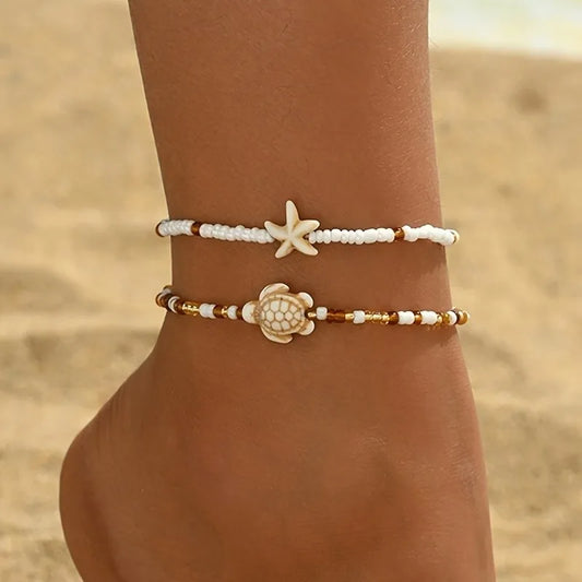 2Pcs Brown Starfish and Turtle Designs Pendant Anklet for Women Summer Ocean Theme Foot Jewelry Ideal for Beach Vacations