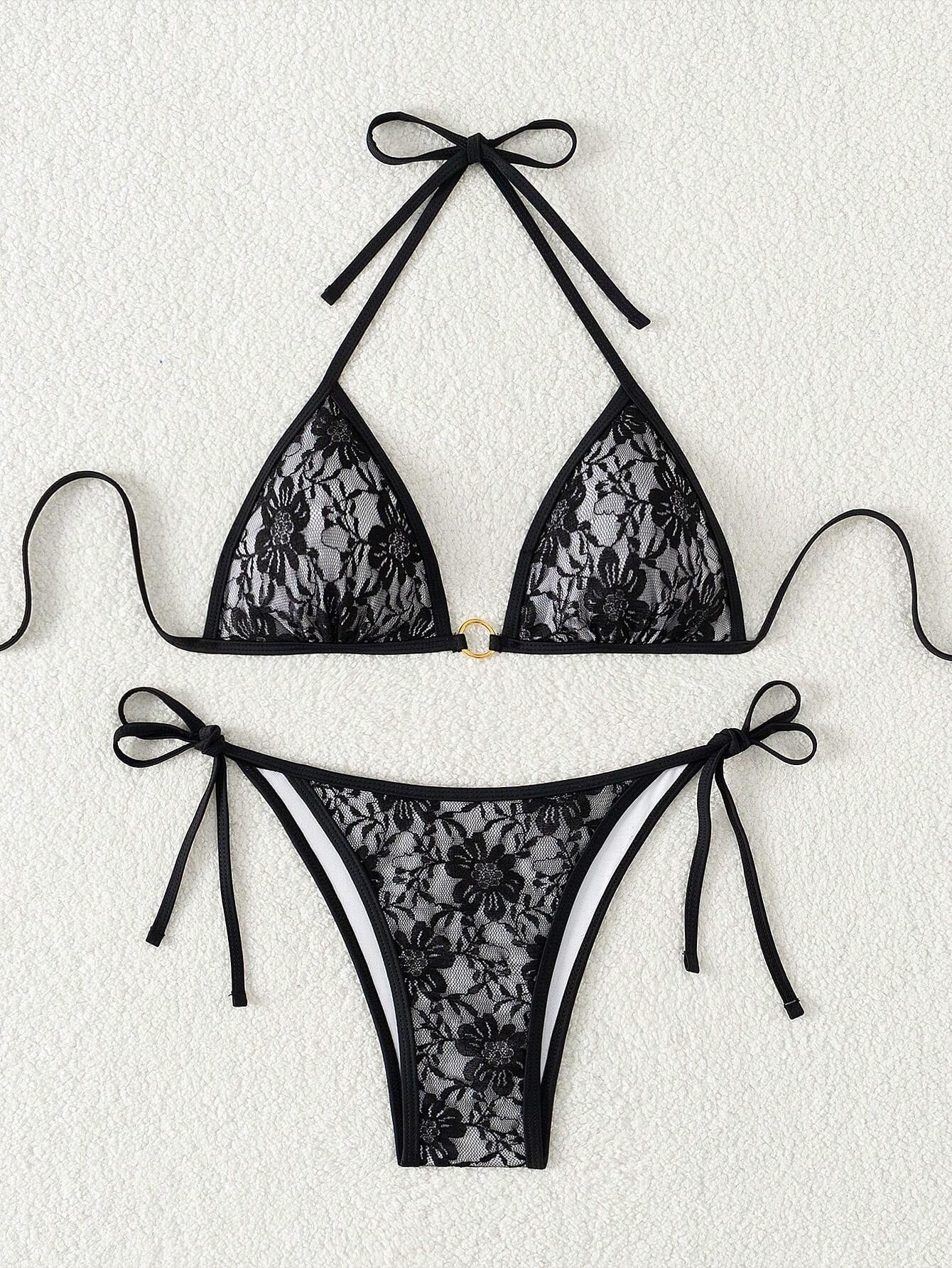 Swim Women'S Summer Beach Floral Lace Halter Neck Tie Sexy Bikini Set