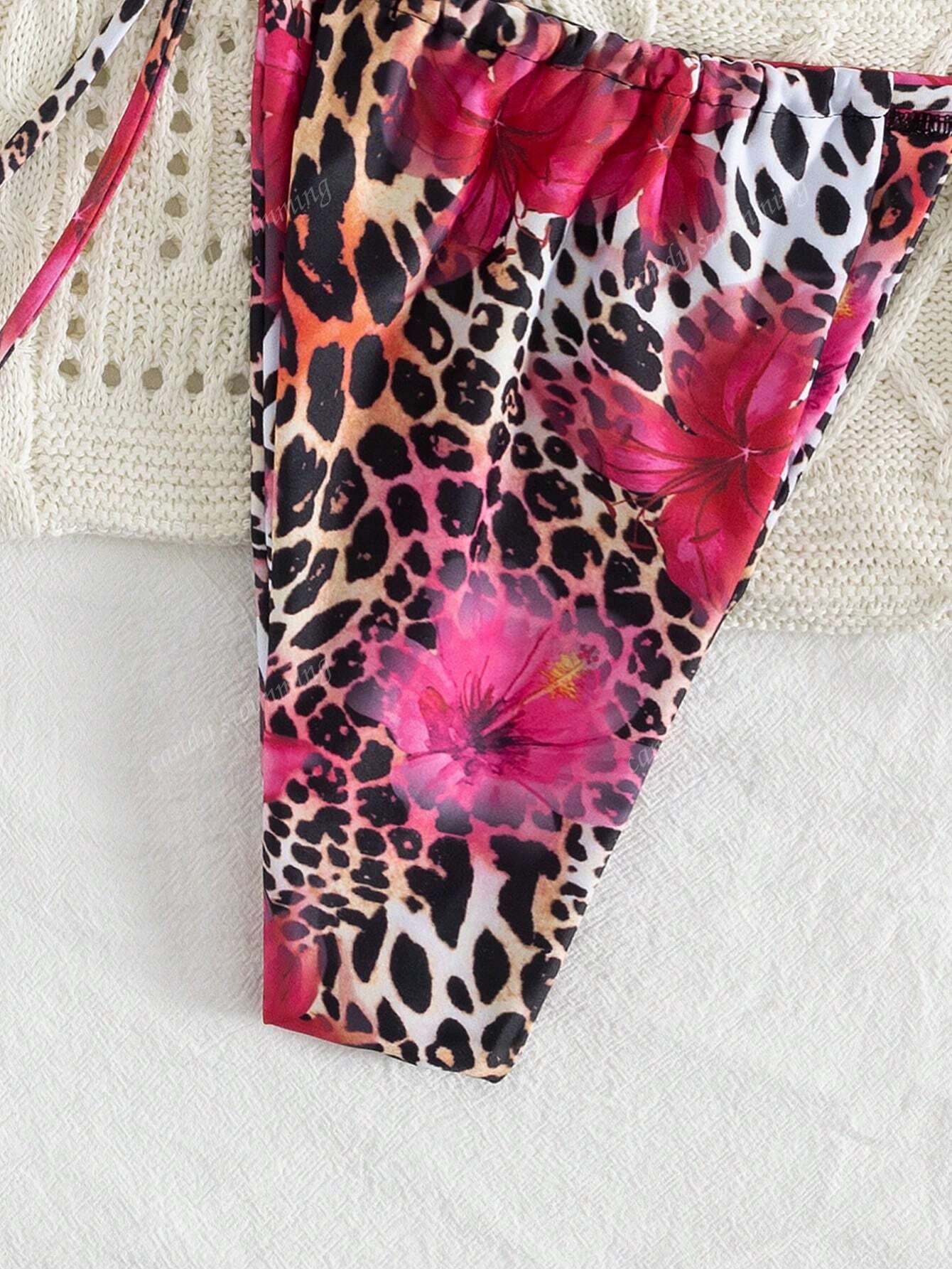 2Pcs Leopard Floral Print Sexy Open Back Tie up Bikini Swimsuit, Bohemian Style, Vacation Beach Wear, Summer