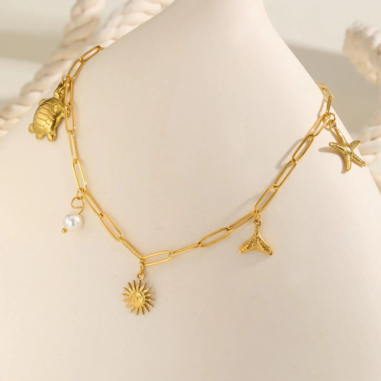 Ocean Style Starfish Mermaid Sun Sea Turtle Charms Pendant Necklace Women, Stainless Steel Waterproof Beach Necklace Jewelry