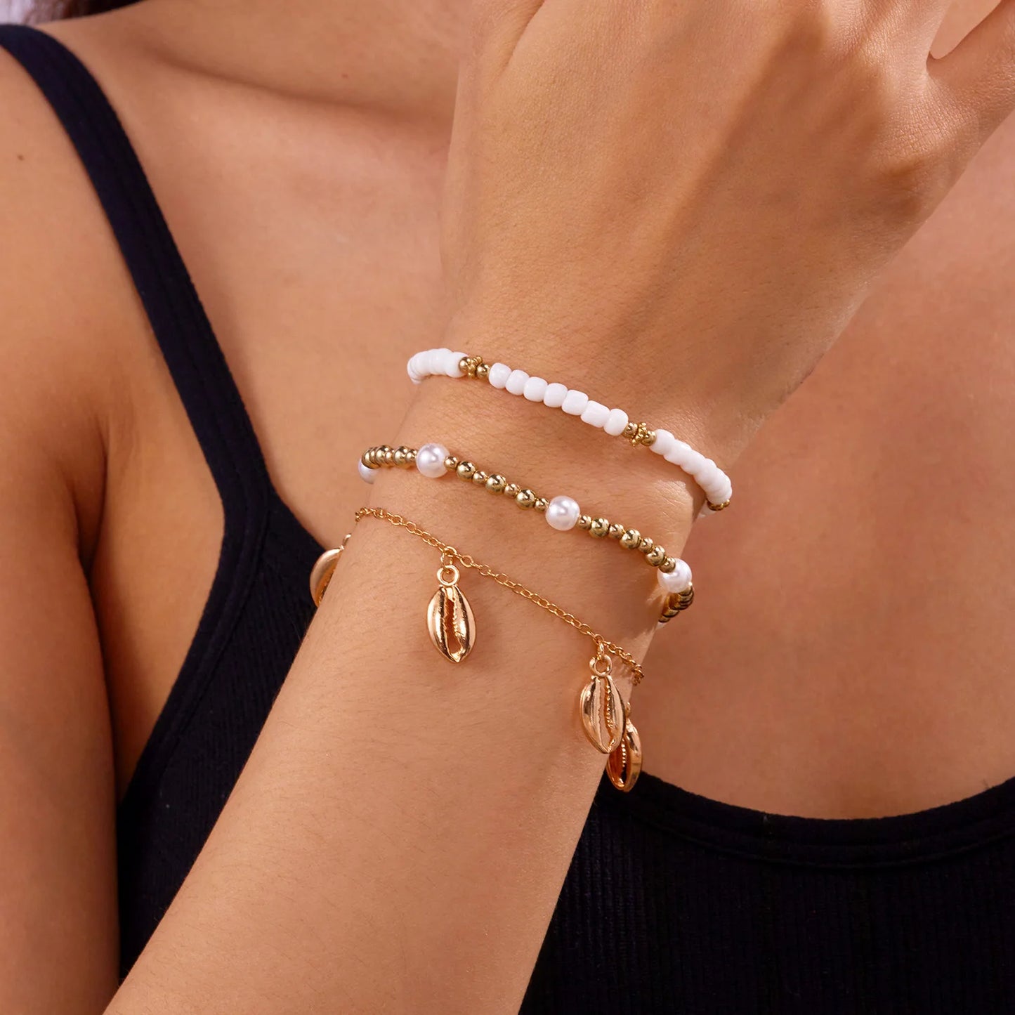 Bohemian Rice Beads Starfish Conch Pendant Anklet Set for Women Multi Layer Sea Turtle Ankle Bracelet on Foot Girl Charm Jewelry