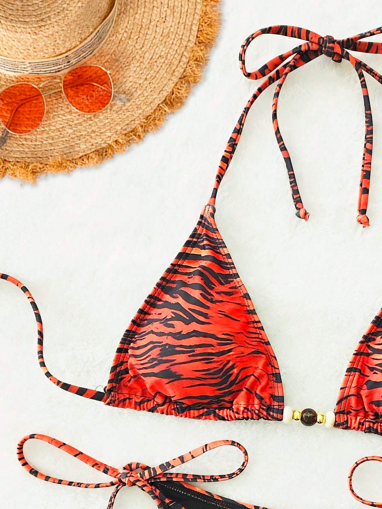 New Soft Padded Halter Backless Sexy Bikini, Beach Fashionable Beads Decorated Ladies Swimwear Set, Summer
