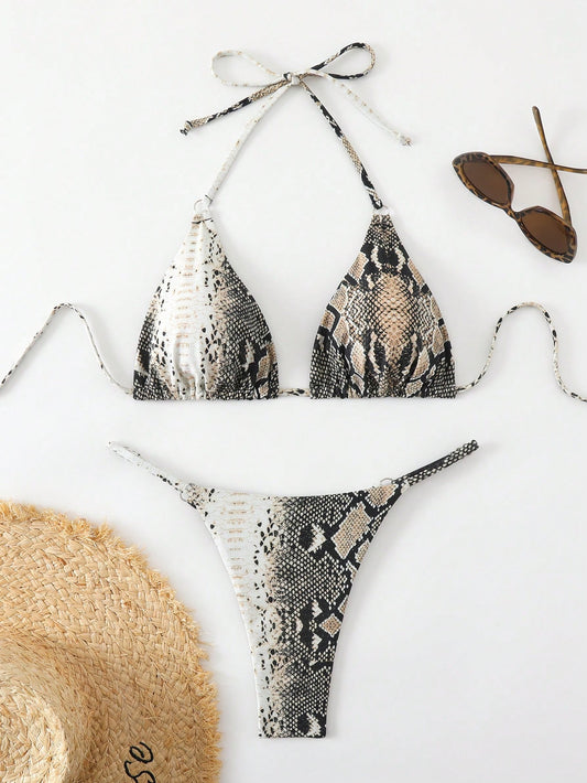 Swim Vcay 2Pcs Women Snakeskin Print Halter Tie Sexy Bikini Set, Beach Vacation 2025 Summer