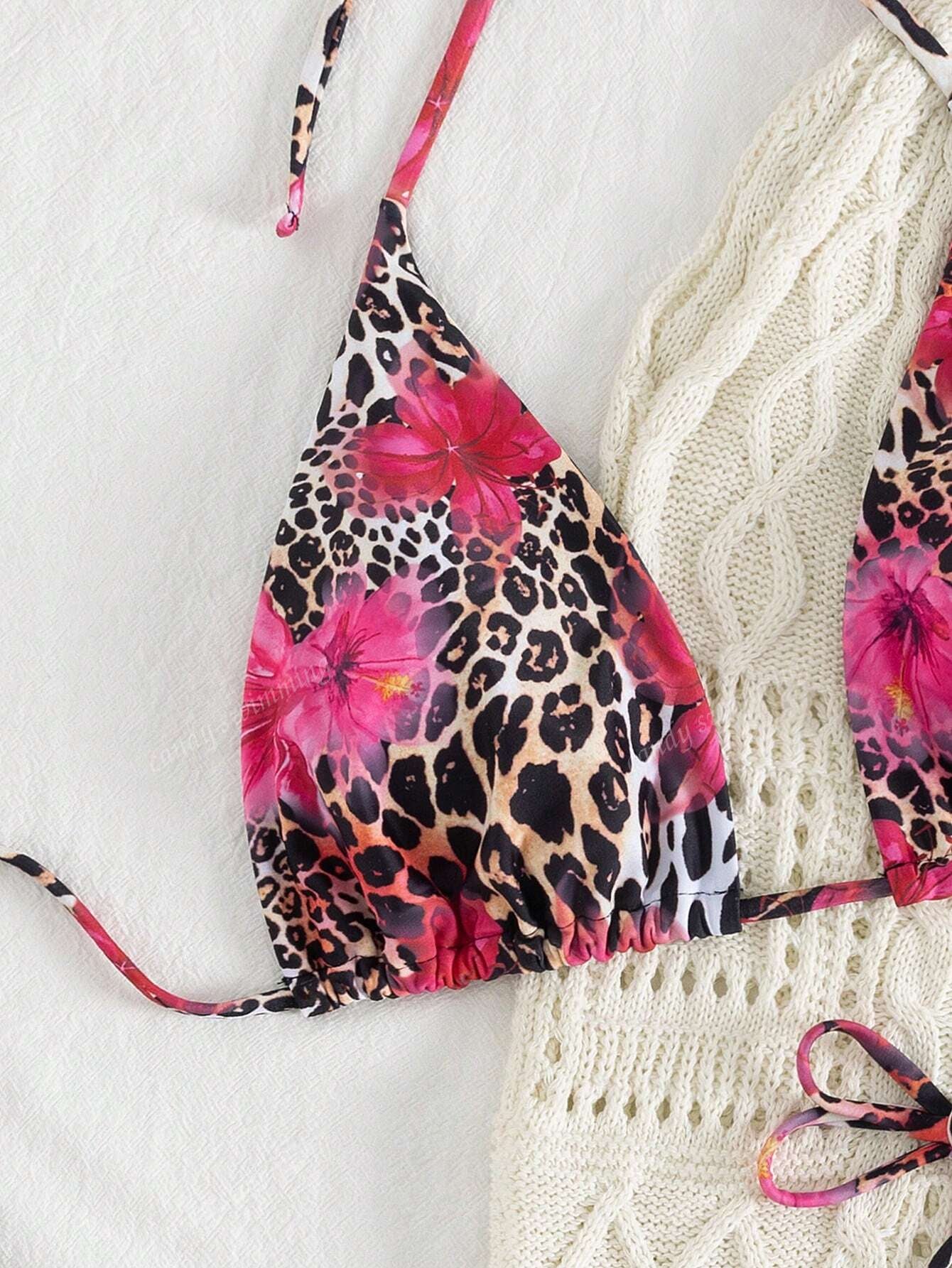 2Pcs Leopard Floral Print Sexy Open Back Tie up Bikini Swimsuit, Bohemian Style, Vacation Beach Wear, Summer