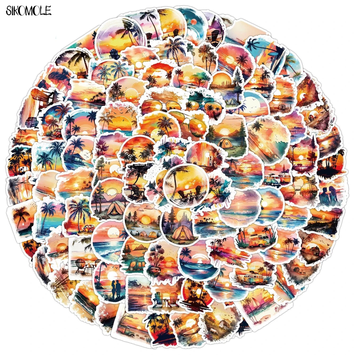 10/30/50/100PCS Sunset Beach Graffiti Stickers Cartoon Setting Sun Travel DIY Toy Kid Guitar Luggage Suitcase Decal Sticker Pack