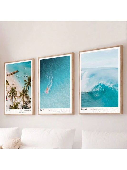 Set of 3 Unframed Tropical Summer Coastal Beach Landscape Canvas Poster Print Ocean Waves Surfing Wall Art Painting Beachy Seascape Picture for College Room,Apartment,Bedroom,Living Room,Minimalist Modern Home Decoration